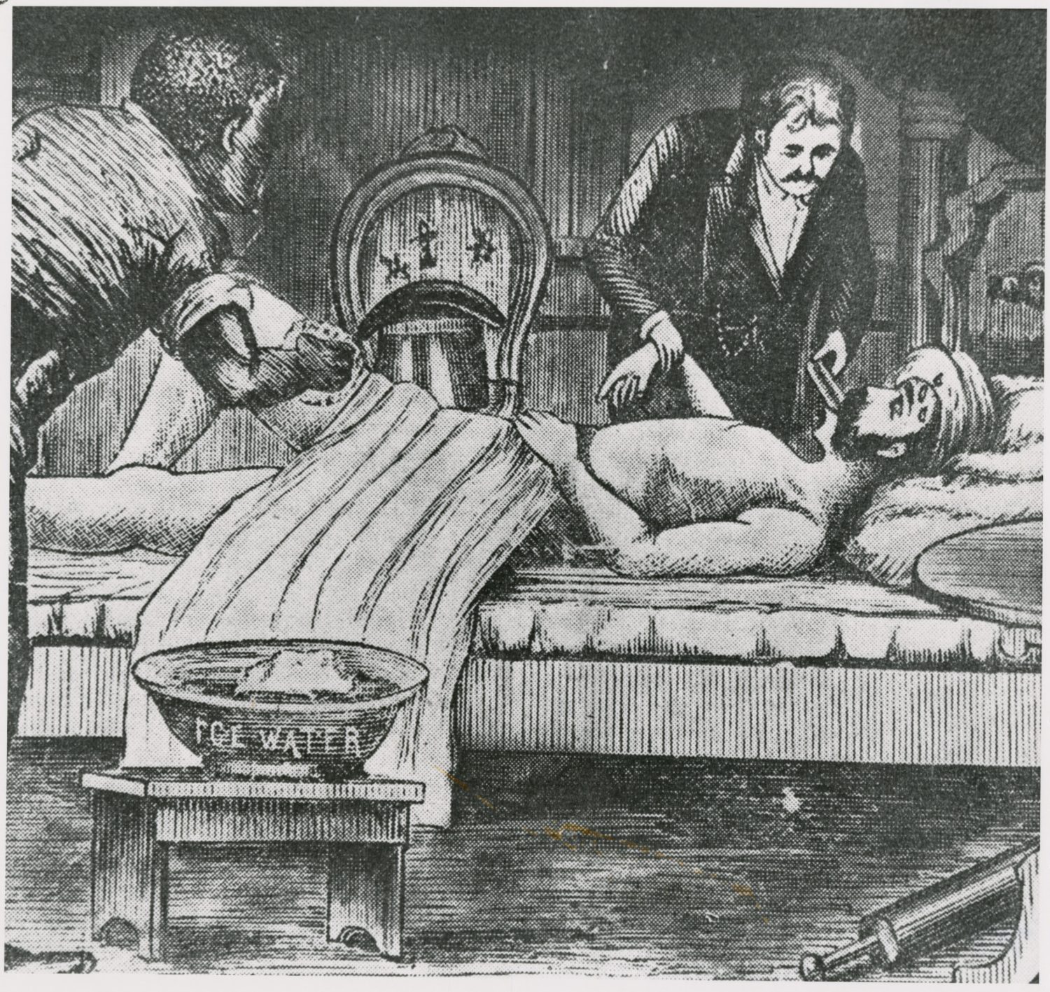 An illustration of a doctor treating a fever patient with ice water.