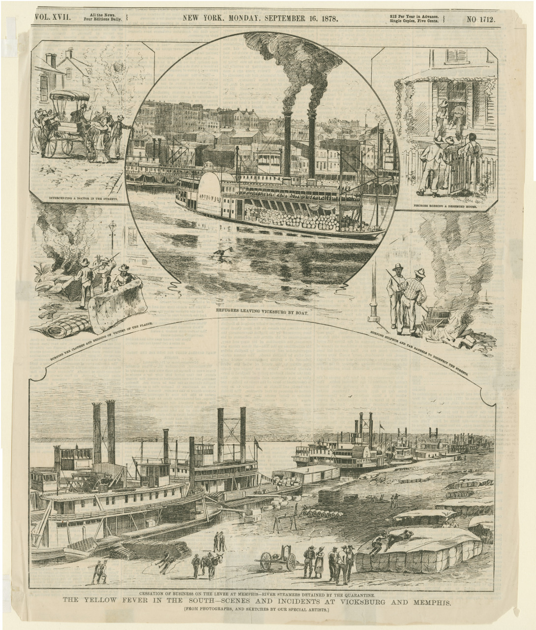 An illustrated newspaper page from 1878 shows scenes of yellow fever incidents. The top image depicts a crowded city with steamships. The bottom image features steamboats docked at a river bank. Additional smaller images show related daily life scenes.