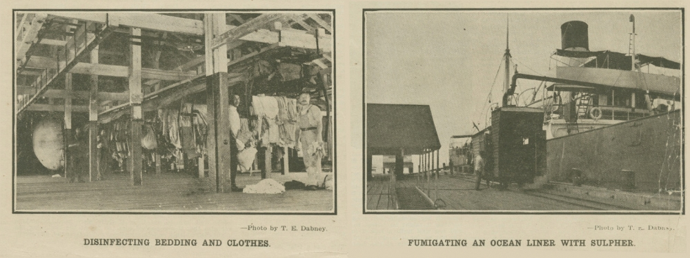 Left side: A wooden structure with bedding and clothes hanging for disinfection. Right side: An ocean liner being fumigated with sulfur at a dock.