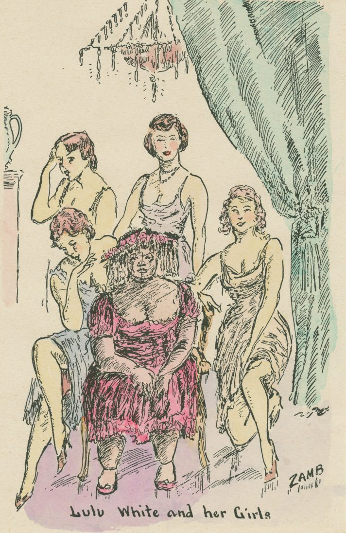 A vintage illustration depicts five women, four standing and one seated, in glamorous attire. The seated woman wears a pink dress and floral headpiece. Curtains and a chandelier frame the scene. The caption reads, Lulu White and her Girls.