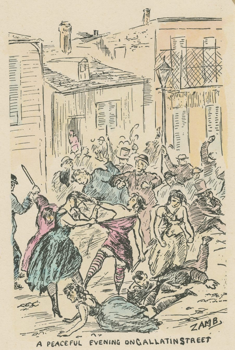 The two-block area, now called French Market Place, was a notorious center of vice known for its violent bars and brothels. Illustration by Wiley Sylvester Churchill, 1952.
