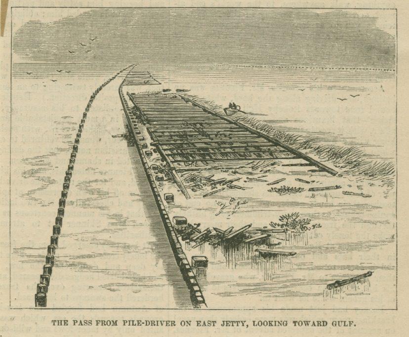 A vintage illustration depicts a view from a pile-driver on the East Jetty, looking towards the Gulf. The scene features a long, narrow wooden structure surrounded by water, with small boats and birds visible in the sky.