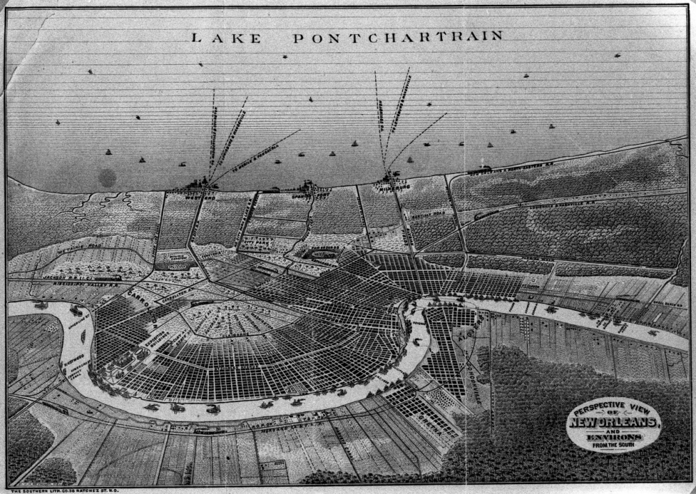 A vintage map illustration of New Orleans, showing the citys layout with the Mississippi River curving around it. Lake Pontchartrain is at the top, with roads and buildings depicted in a detailed, aerial perspective.