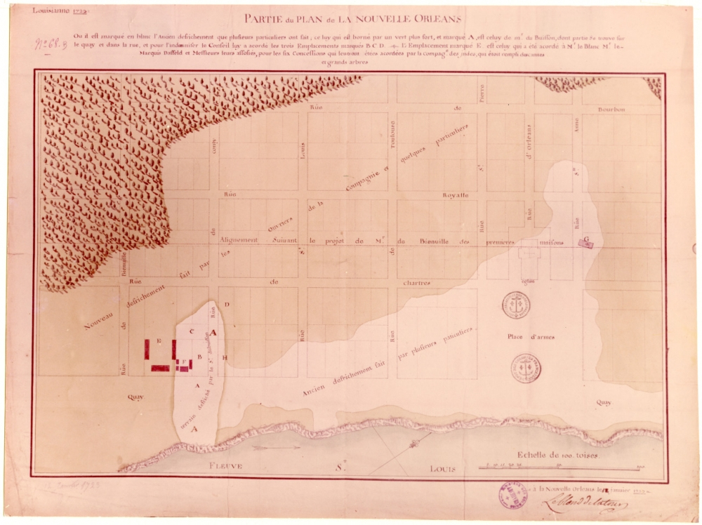 Antique map titled Partie du Plan de la Nouvelle Orleans, showing detailed layout of early New Orleans with labeled streets, blocks, a river at the bottom, and a shaded area indicating development. Decorative border with handwritten notes.