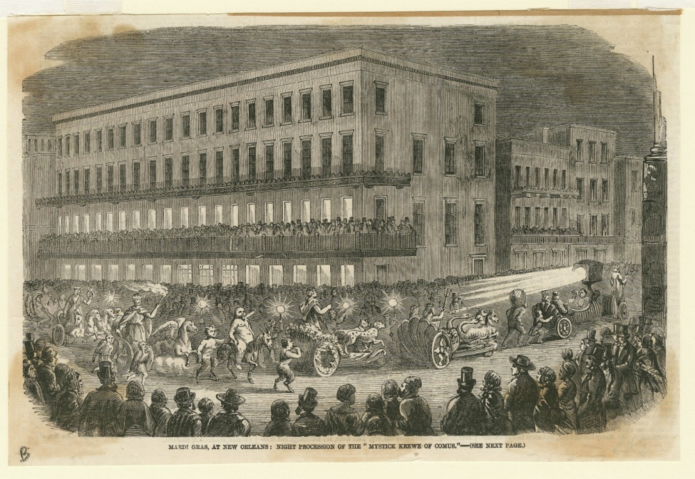 A vintage illustration depicts a nocturnal Mardi Gras parade in New Orleans, showcasing floats and riders in costumes. Spectators fill the street, while a large building in the background is adorned with onlookers on balconies.