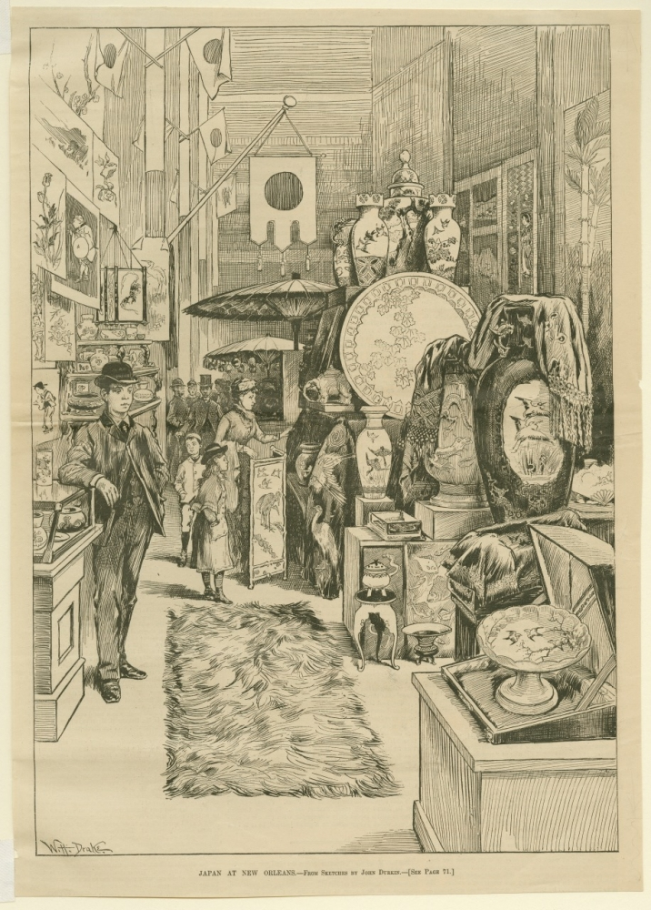 A detailed illustration of a busy exhibition hall featuring Japanese art and artifacts. People admire ceramics, paintings, and textiles. Japanese flags and decor hang overhead. A man in a suit observes the scene.