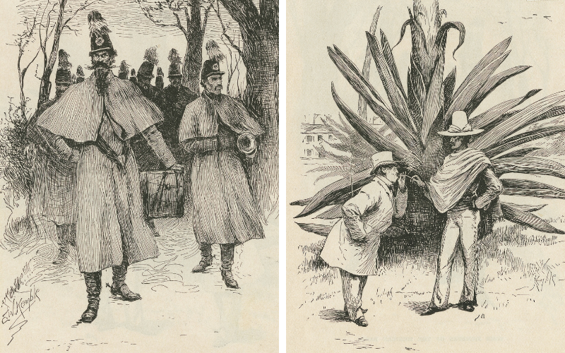 Left side shows two uniformed figures holding musical instruments, with a backdrop of trees and other figures. The right side depicts two men in hats conversing near a large plant with a building in the distance. Both scenes are detailed in black and white.