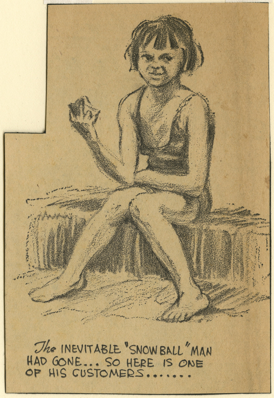 A pencil sketch of a young person sitting on a wooden bench, wearing a sleeveless top and shorts. They hold a small item in one hand. Below, text reads: The inevitable snowball man had gone... so here is one of his customers......