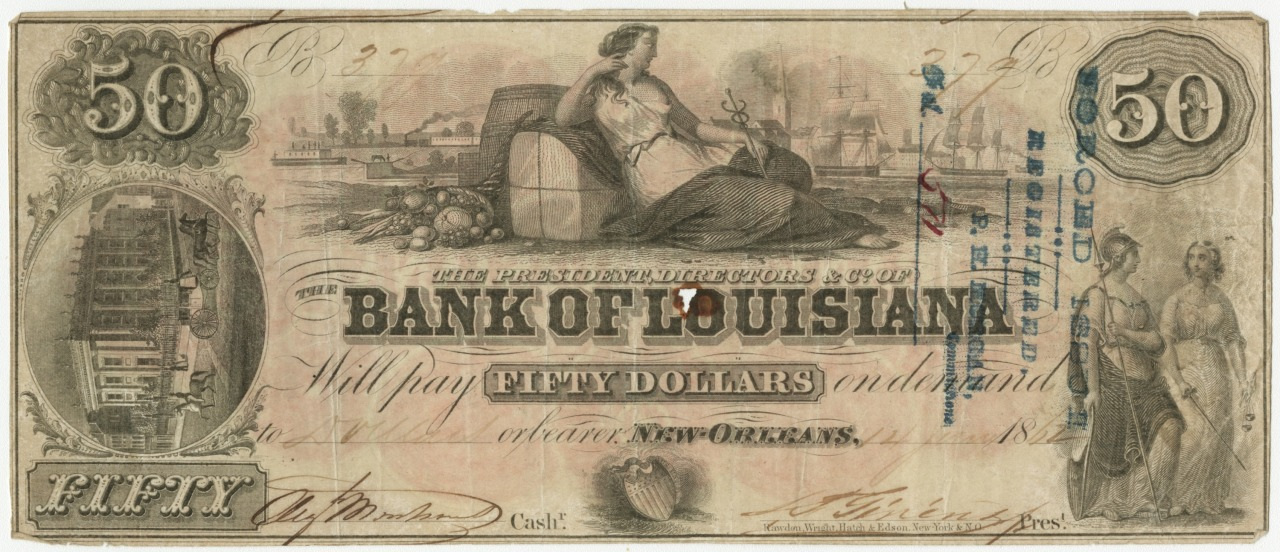A vintage $50 Bank of Louisiana note featuring a seated woman with a shield and cornucopia, boats on a river, and intricate designs. The bill has signatures and the number 50 prominently displayed in the corners.