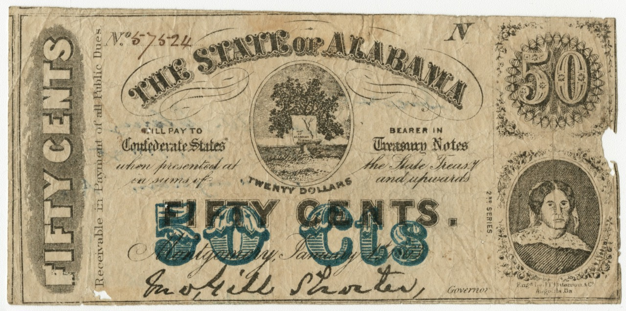 Antique currency note from the State of Alabama, valued at fifty cents. Features denomination prominently and an illustration of a tree stump. Includes a small portrait of a woman on the right and decorative text detailing its authenticity.