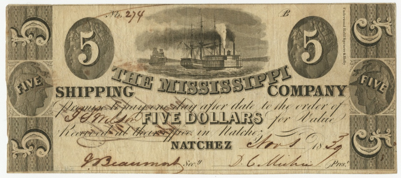 An old five-dollar banknote from The Mississippi Shipping Company, featuring a steamboat illustration, printed in Natchez. The note is numbered and signed, with ornate detailing and a date visible as November 10, 1837.