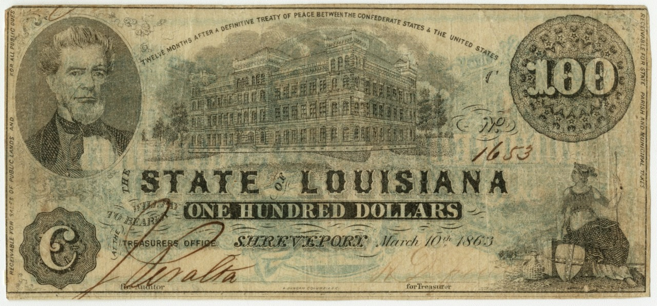An old Louisiana $100 bill from 1863 featuring a mans portrait, an elaborate building, and a seated woman with a shield. The text includes State of Louisiana and the date March 10th, 1863.