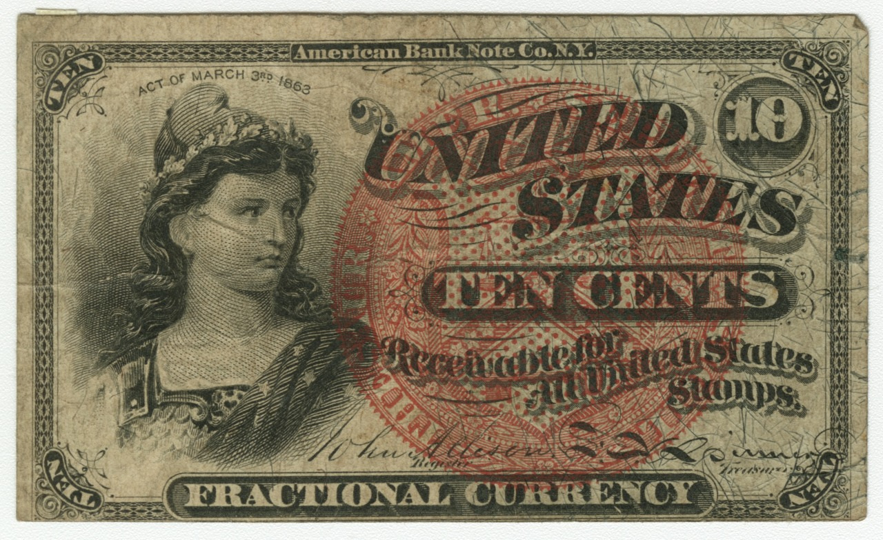 An old United States ten-cent fractional currency note with intricate designs. The note features a detailed portrait of a woman on the left side, with a large red seal and text indicating its denomination as ten cents.