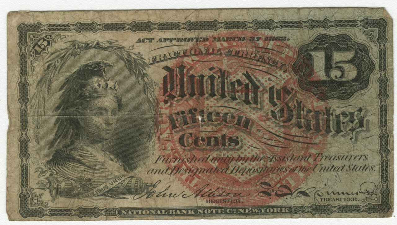 Vintage 15-cent fractional currency note featuring a portrait of a woman in a headdress, surrounded by ornate designs. The words United States and Fifteen Cents are prominently printed in red.