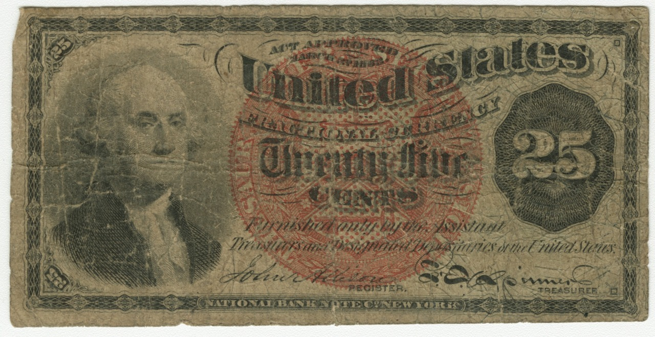 A vintage twenty-five cent fractional currency note from the United States. It features a faded portrait of George Washington on the left and ornate designs with a prominent red seal in the center. The note appears worn and aged.
