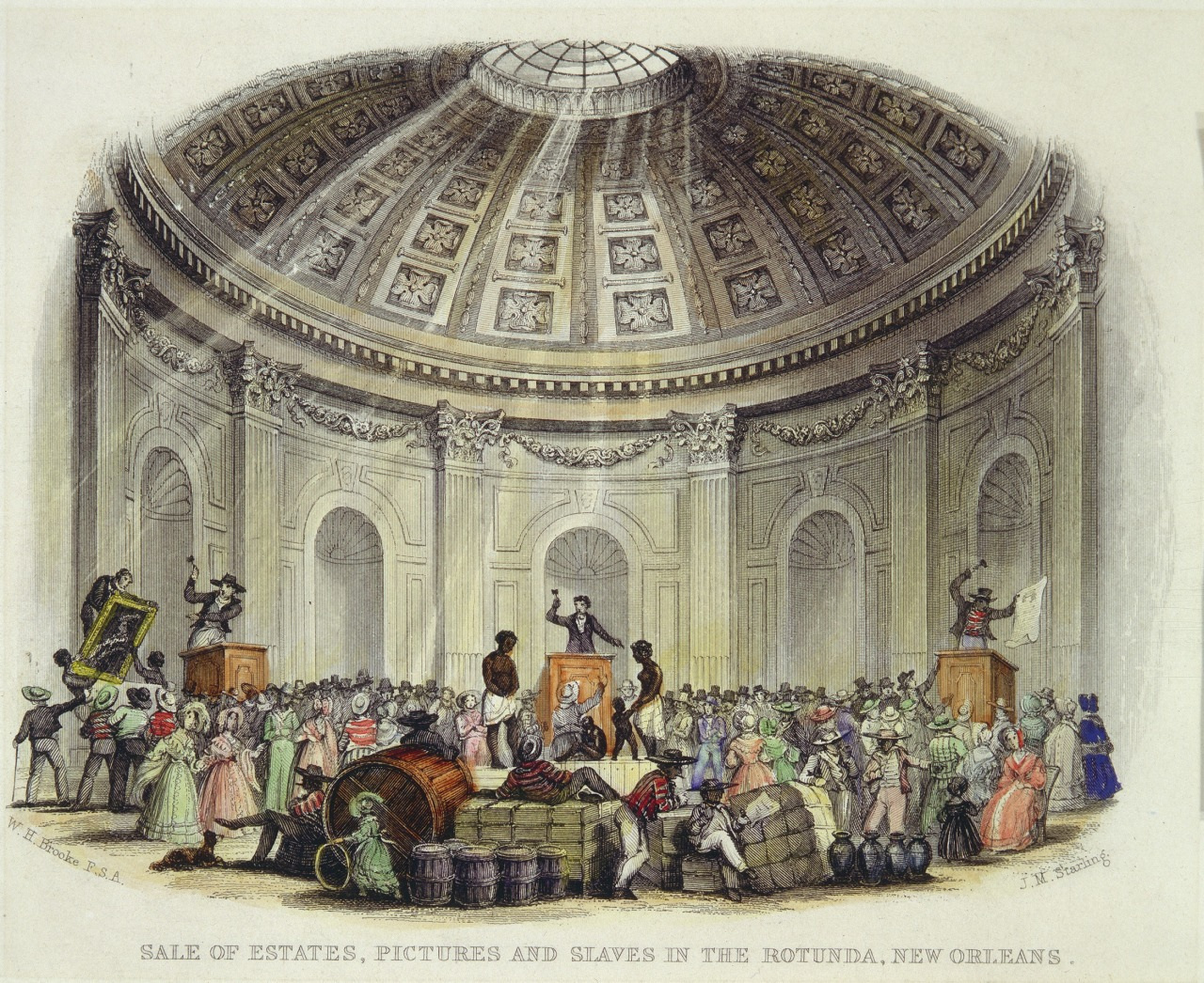 A historical illustration of a slave auction inside the Rotunda in New Orleans. A large crowd gathers around central platforms where individuals are being auctioned. The architectural dome is intricately detailed. Text reads: SALE OF ESTATES, PICTURES AND SLAVES.