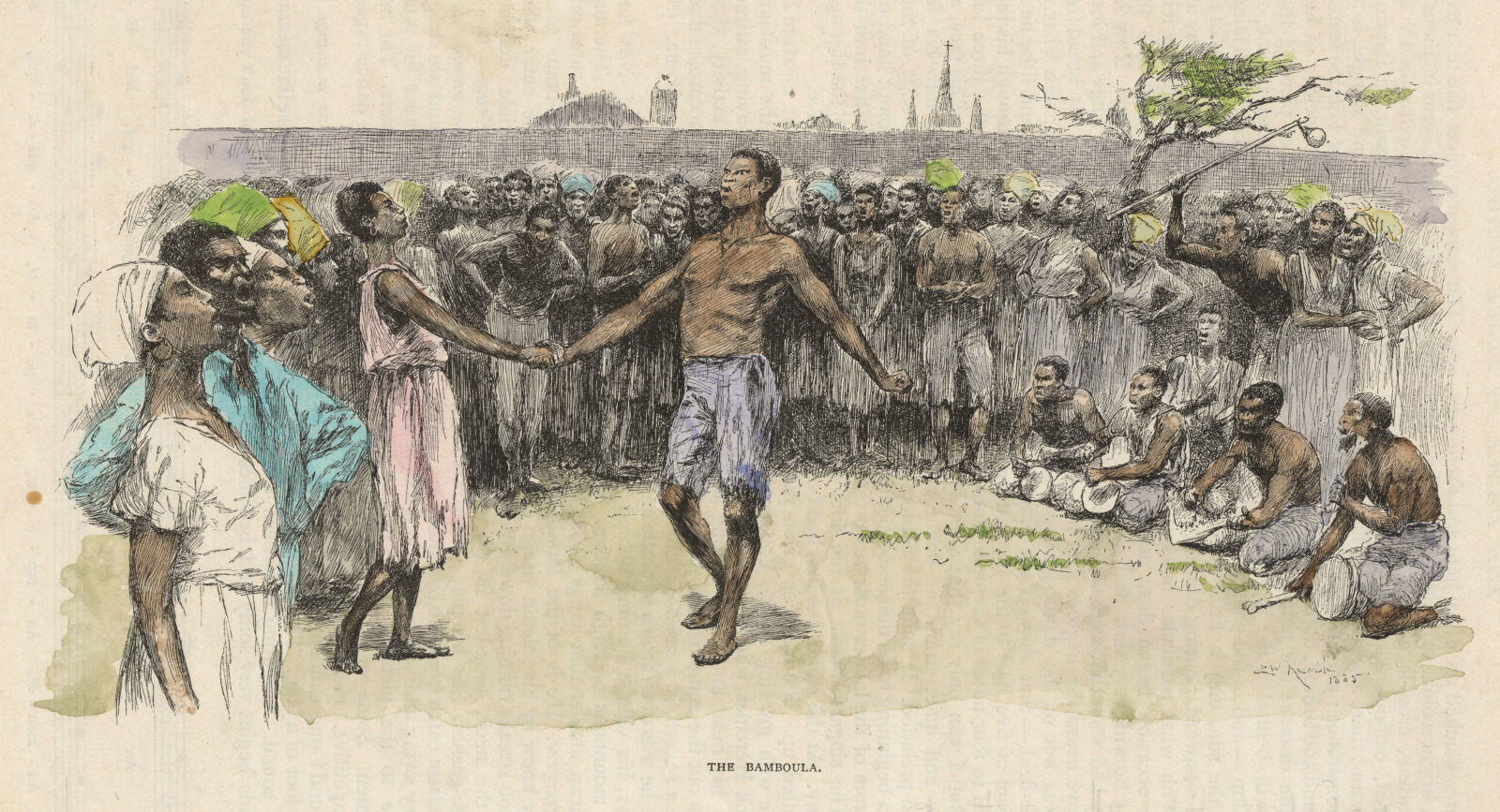 Magazine illustration from 1886 depicting enslaved people dancing, drumming, and singing in Congo Square.