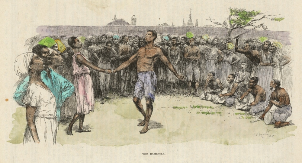 A historical illustration depicting an African man dancing in the center, holding hands with two women. A large group of men and women, some seated and some standing, watch the dance. People wear traditional clothing. The scene is titled The Bamqola.