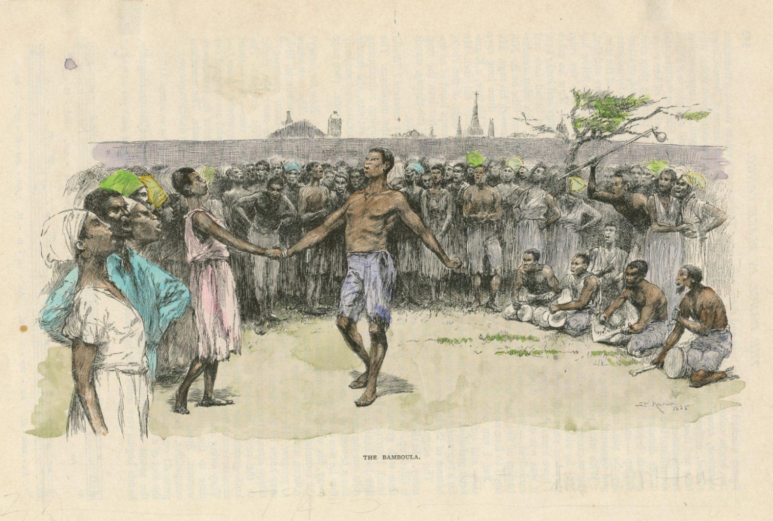 A historical illustration depicts a group of people in a circle, with two dancers in the center holding hands. Drummers sit nearby with instruments. Its labeled The Randoola.