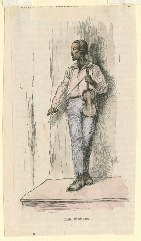 A man stands on a platform, casually holding a violin and bow. He wears a shirt and pants, with one foot resting on the edge. The background is lightly sketched, and the caption reads THE FIDDLER.