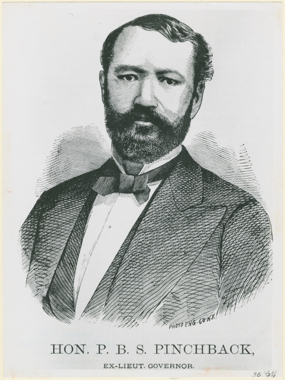 A vintage black and white illustration of a man with a beard and mustache, wearing a suit with a bow tie. Text at the bottom reads Hon. P. B. S. Pinchback, Ex-Lieut. Governor.