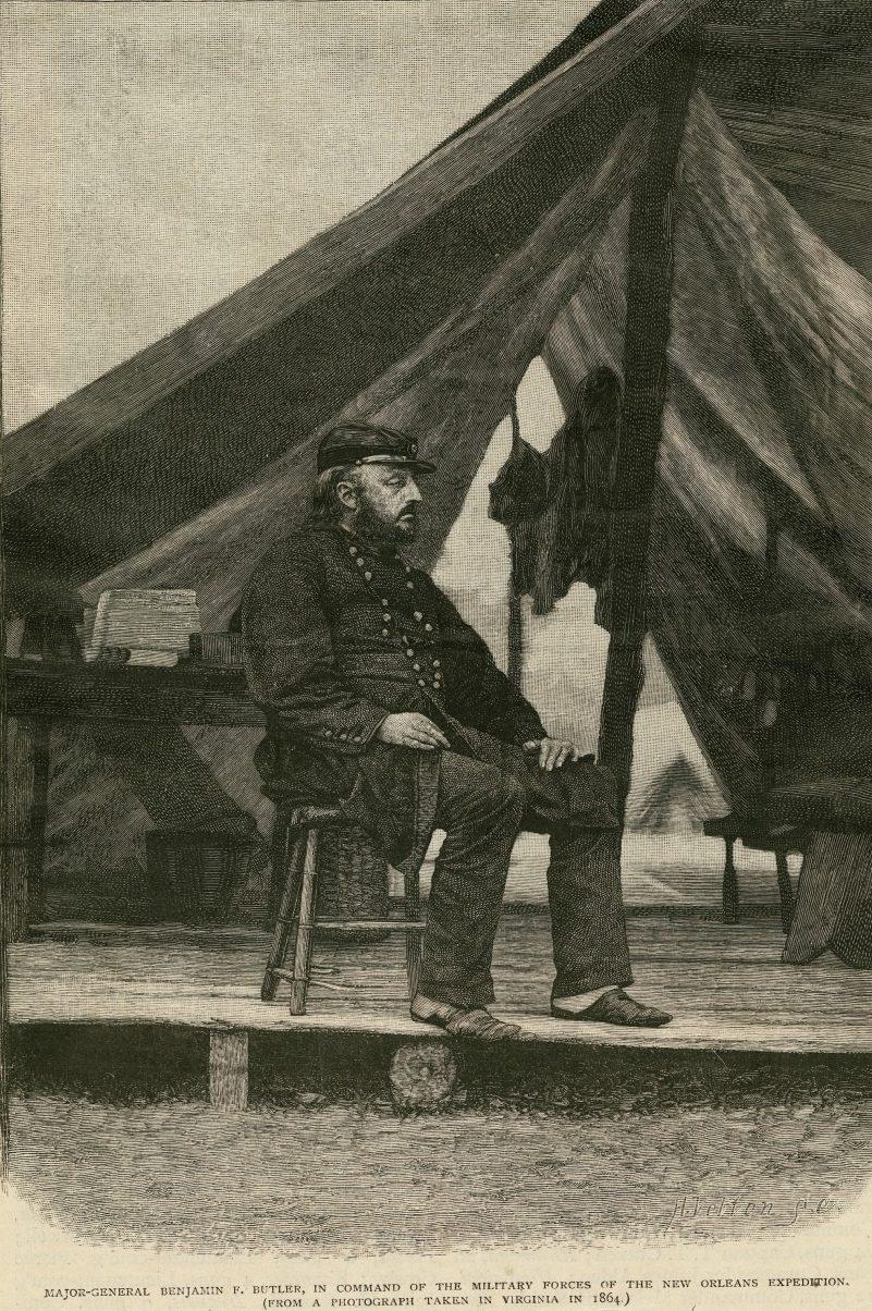 A sepia-toned sketch of a uniformed military officer sitting on a chair under a tent. The officer has a beard and is wearing a cap, looking pensive. The setting is a wooden deck with fabric draped overhead.