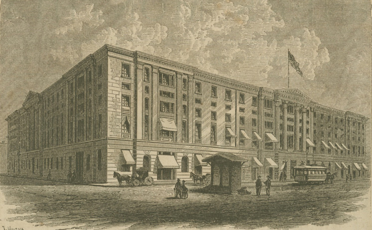 A detailed illustration of an old, large multi-story building with numerous windows and awnings. People and horse-drawn carriages are visible in the street, along with a trolley. A flag flies atop the building against a cloudy sky.