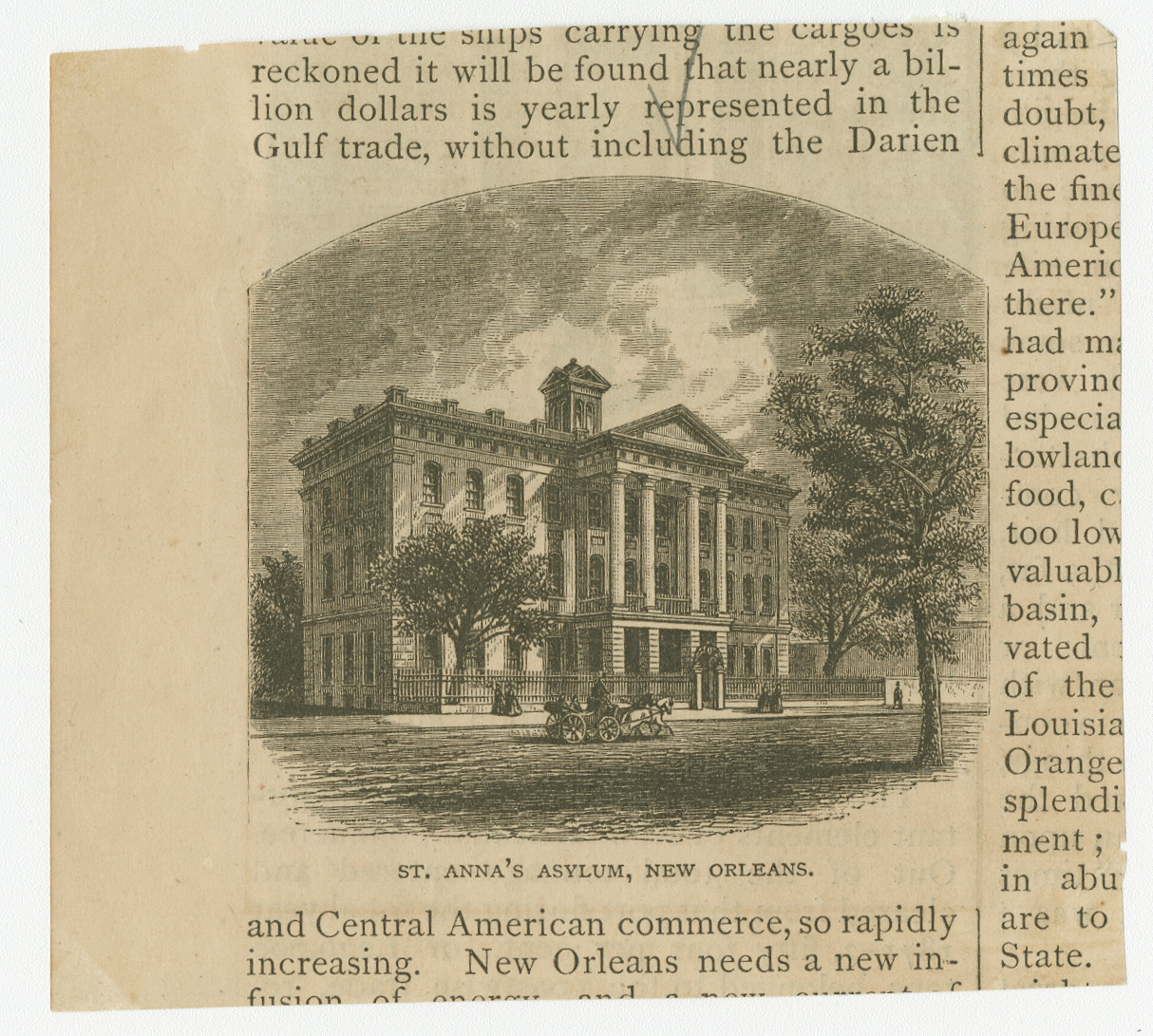 A vintage illustration of St. Annas Asylum in New Orleans, showing a large, classical building with columns and a small group of people in the foreground, surrounded by trees.