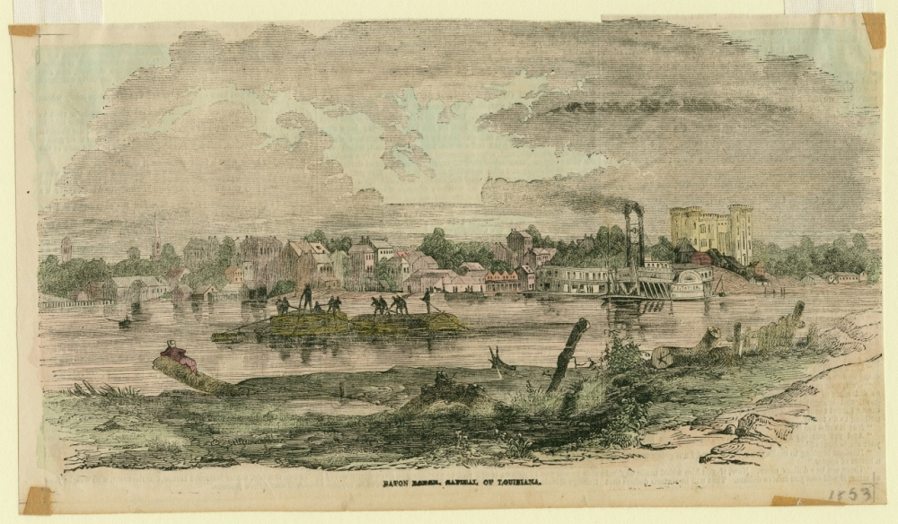 A vintage illustration of Baton Rouge, Louisiana, featuring a river scene. A steamboat is visible on the river, with buildings and trees in the background. People are working on rafts in the water, and a cloudy sky stretches across the horizon.