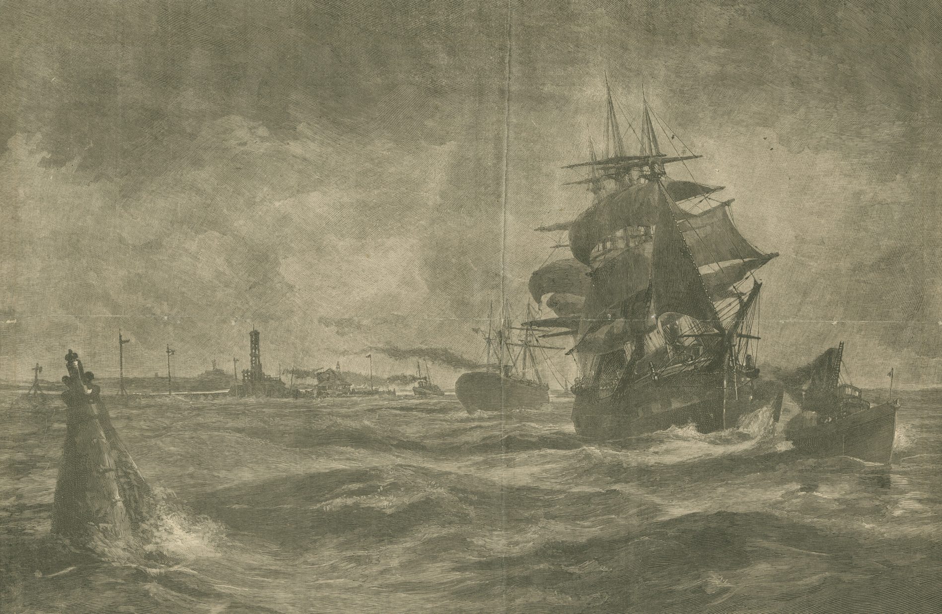 A vintage illustration of ships navigating stormy seas. A large sailing ship with billowing sails is prominent, surrounded by other vessels and smoky skies, conveying a sense of maritime adventure and turbulent weather.