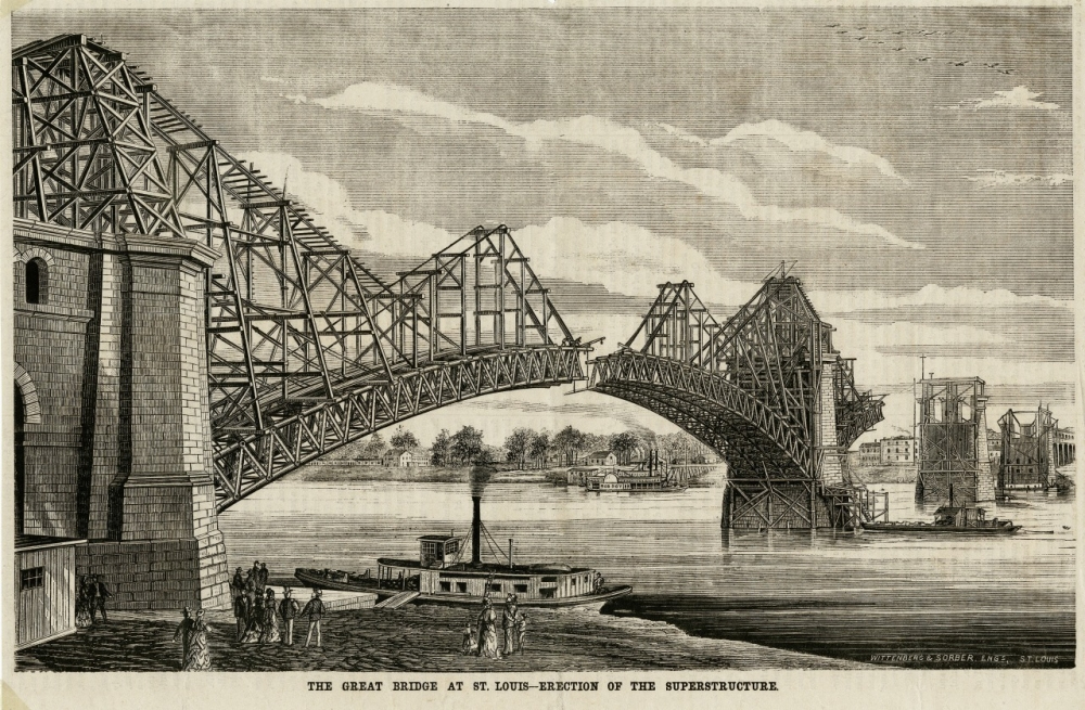 An illustration depicts the construction of a bridge over a river, with workers and a boat on the water below. The incomplete structure spans across, with scaffolding and cranes visible. Text reads: The Great Bridge at St. Louis—Erection of the Superstructure.