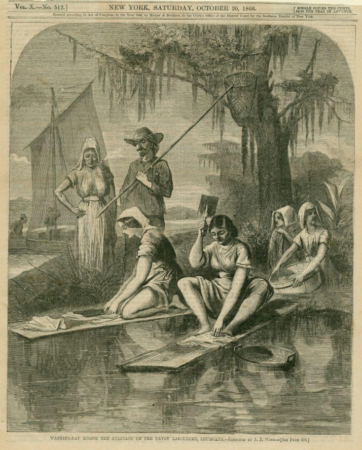 A vintage illustration of people gathered by a bayou in Louisiana. Several women are washing clothes on the riverbank while a man with a net stands nearby. Tall trees with hanging moss and wooden boats are in the background. The scene depicts daily life.