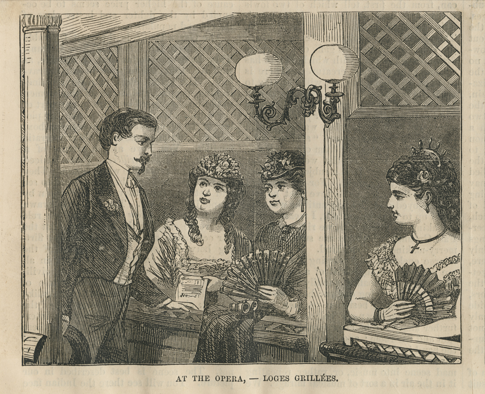 A yellowed print illustration of "At the Opera—Loges Grillées," 1872, engraving by Alfred Rudolphe Waud.