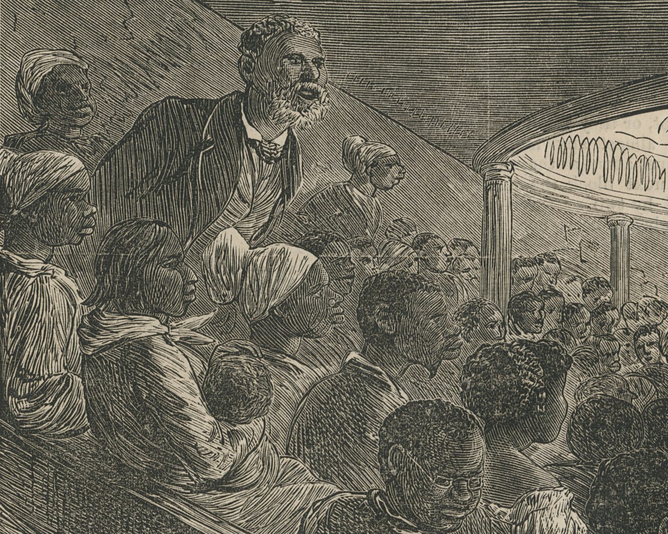 A yellowed print illustration of "At the Opera," 1872, an engraving by Alfred Rudolph Waud.