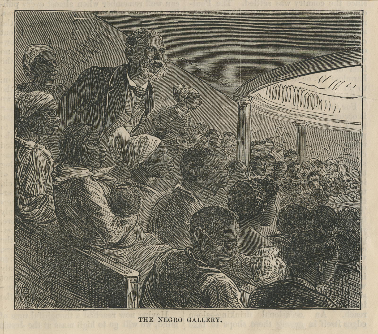 A yellowed print illustration of "At the Opera," 1872, an engraving by Alfred Rudolph Waud.