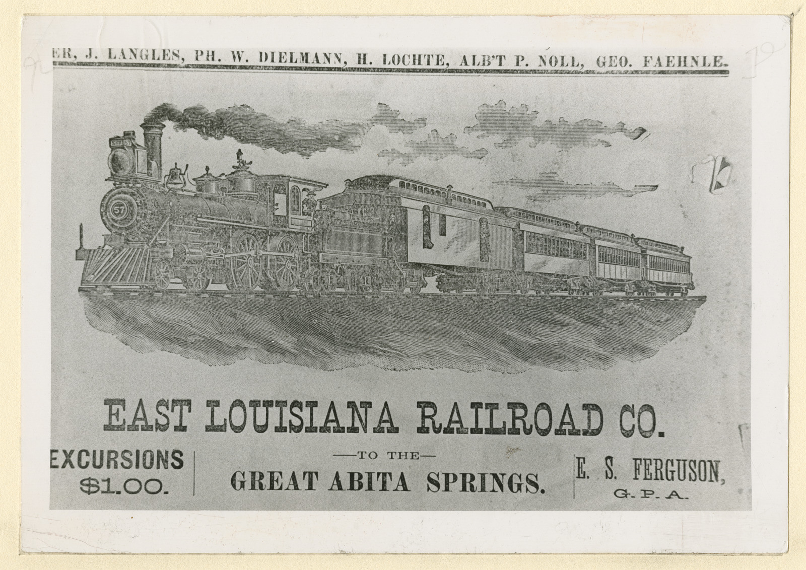 Vintage illustration of a steam locomotive with passenger cars for the East Louisiana Railroad Co. promoting excursions to Great Abita Springs for $1.00. Names of several individuals are listed at the top, and E. S. Ferguson, G.P.A., is noted on the right.