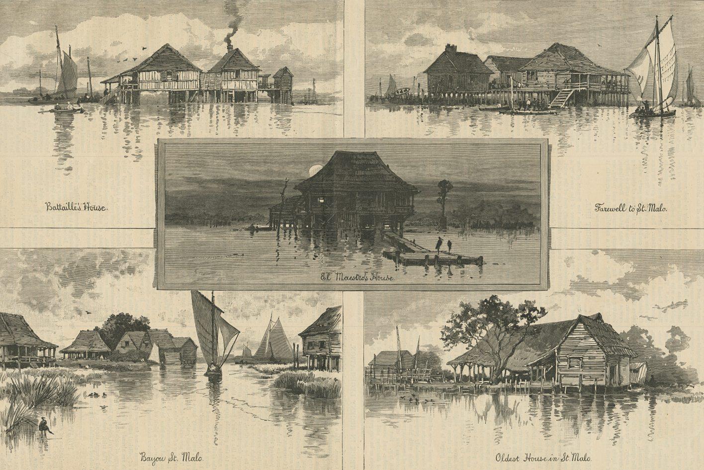 A vintage illustration depicting five scenes of stilt houses on water. Central image features a moonlit house with a boat nearby. Each side shows houses with sails, trees, and reflections, labeled with names like Fantasy of the Mula and Banque de Mula.
