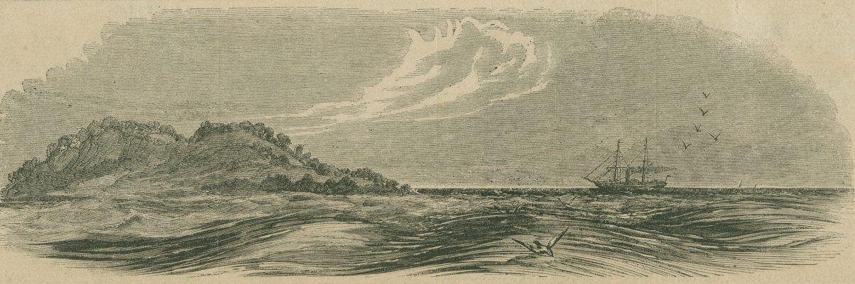 A vintage illustration depicts a ship sailing near rocky cliffs on the ocean. Birds fly above the water under a cloudy sky.