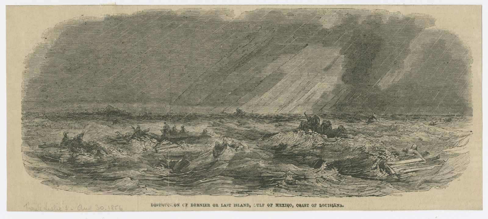 A monochrome drawing depicts a stormy sea with large waves. Several small boats with figures are struggling in the turbulent waters. Dark clouds loom above, suggesting a harsh storm. The scene conveys a sense of danger and urgency.