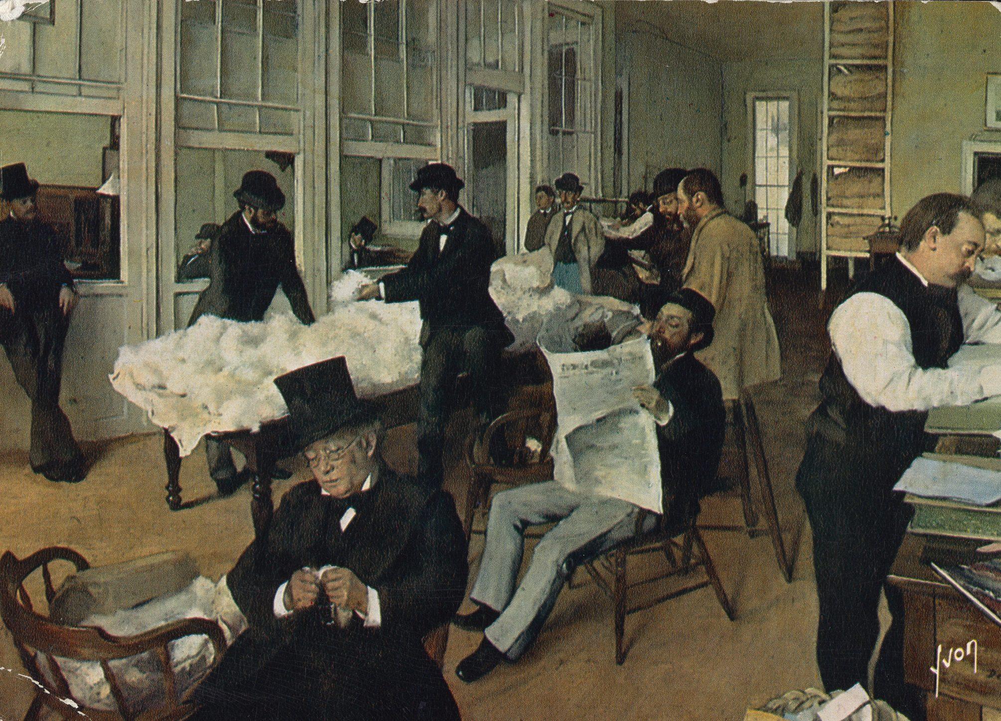 Painting of men in a 19th-century office setting, engaged in activities like reading newspapers, examining cotton samples, and conversing. The room has large windows and wooden furniture, creating a busy yet relaxed atmosphere.