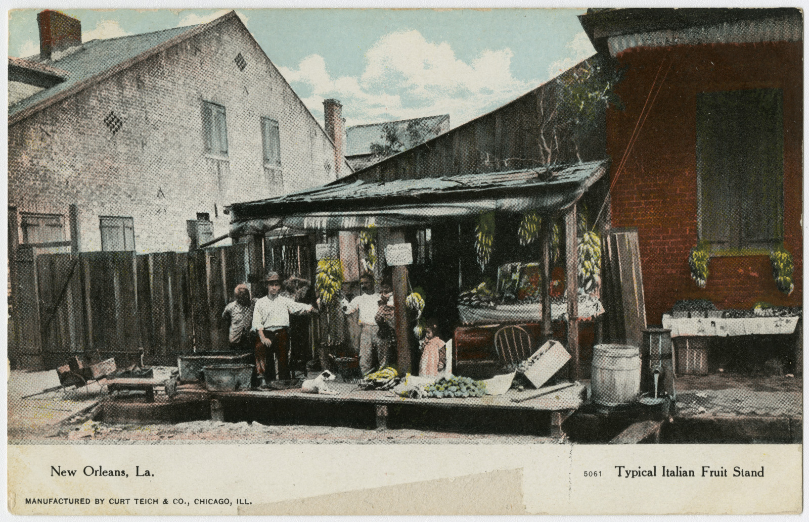 Postcard showing Italian produce stand in New Orleans, between 1900 and 1910.