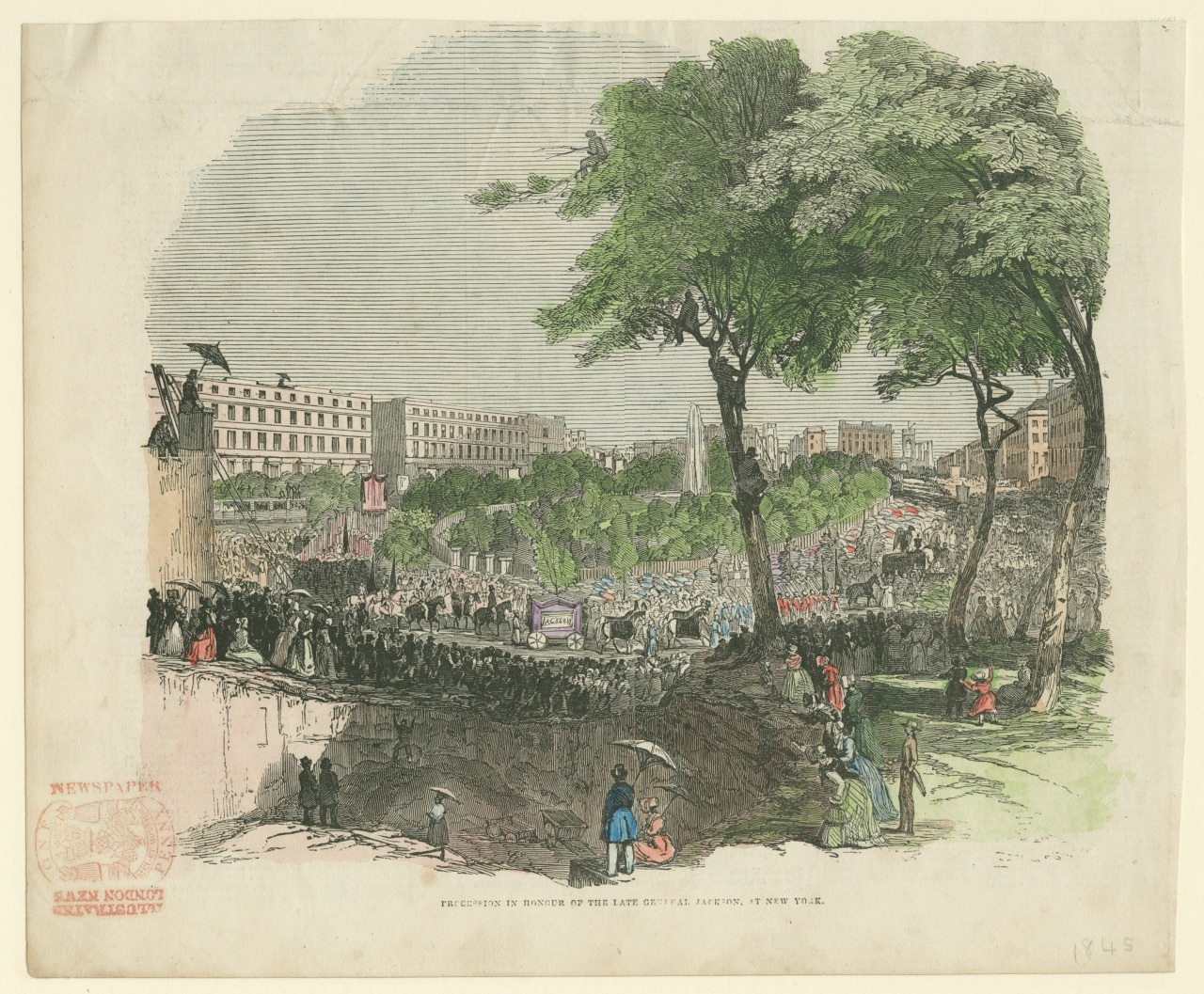 An 1848 illustration depicting a large crowd gathered in a city square, surrounded by buildings and trees. People in period attire are viewing an event, with some standing on a raised platform.