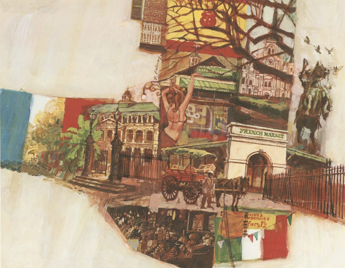 Poster depicting various scenes from the French Quarter, including Italian, French and Spanish flags in the 1960s.