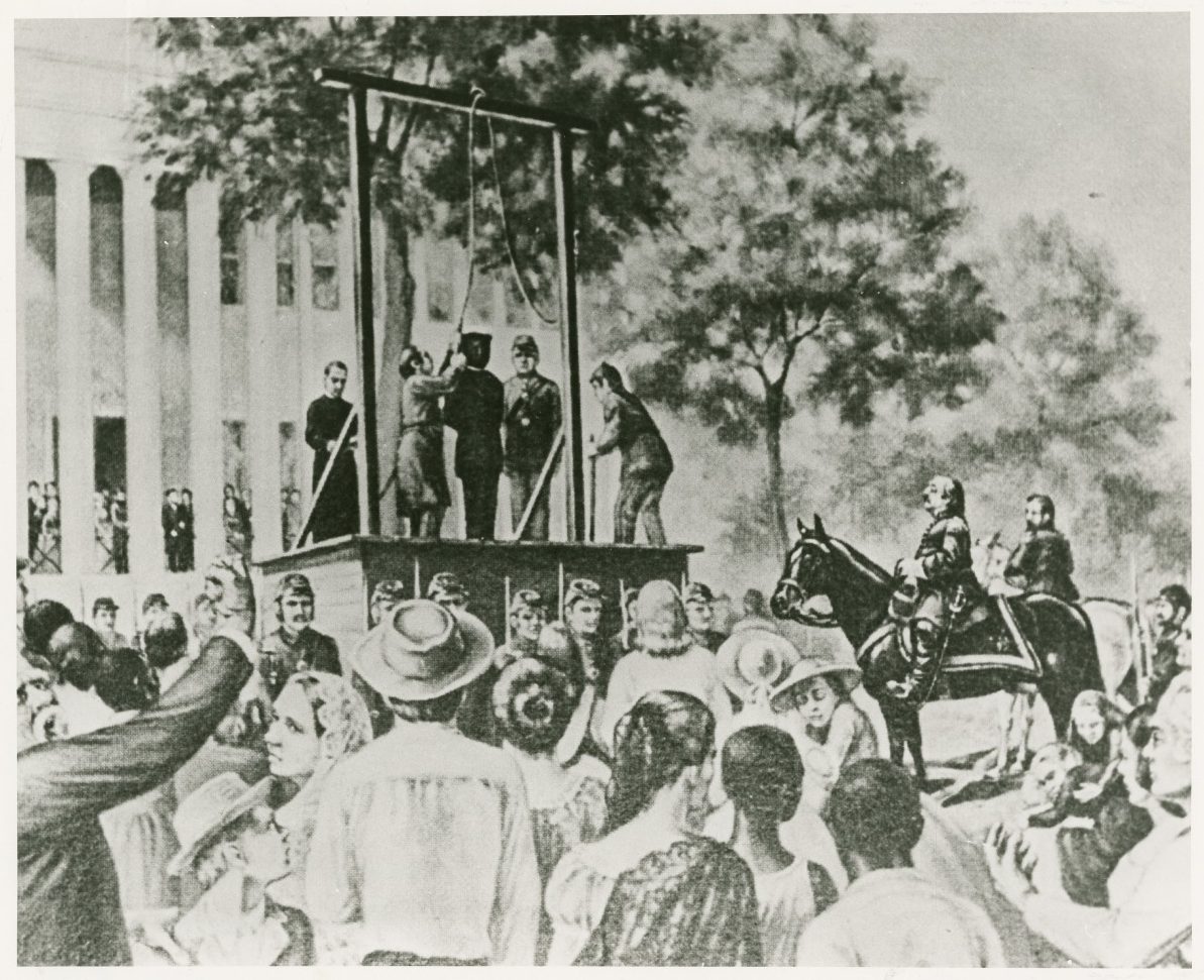 An illustration depicting the hanging of William Bruce Mumford in front of the US Mint in 1862.