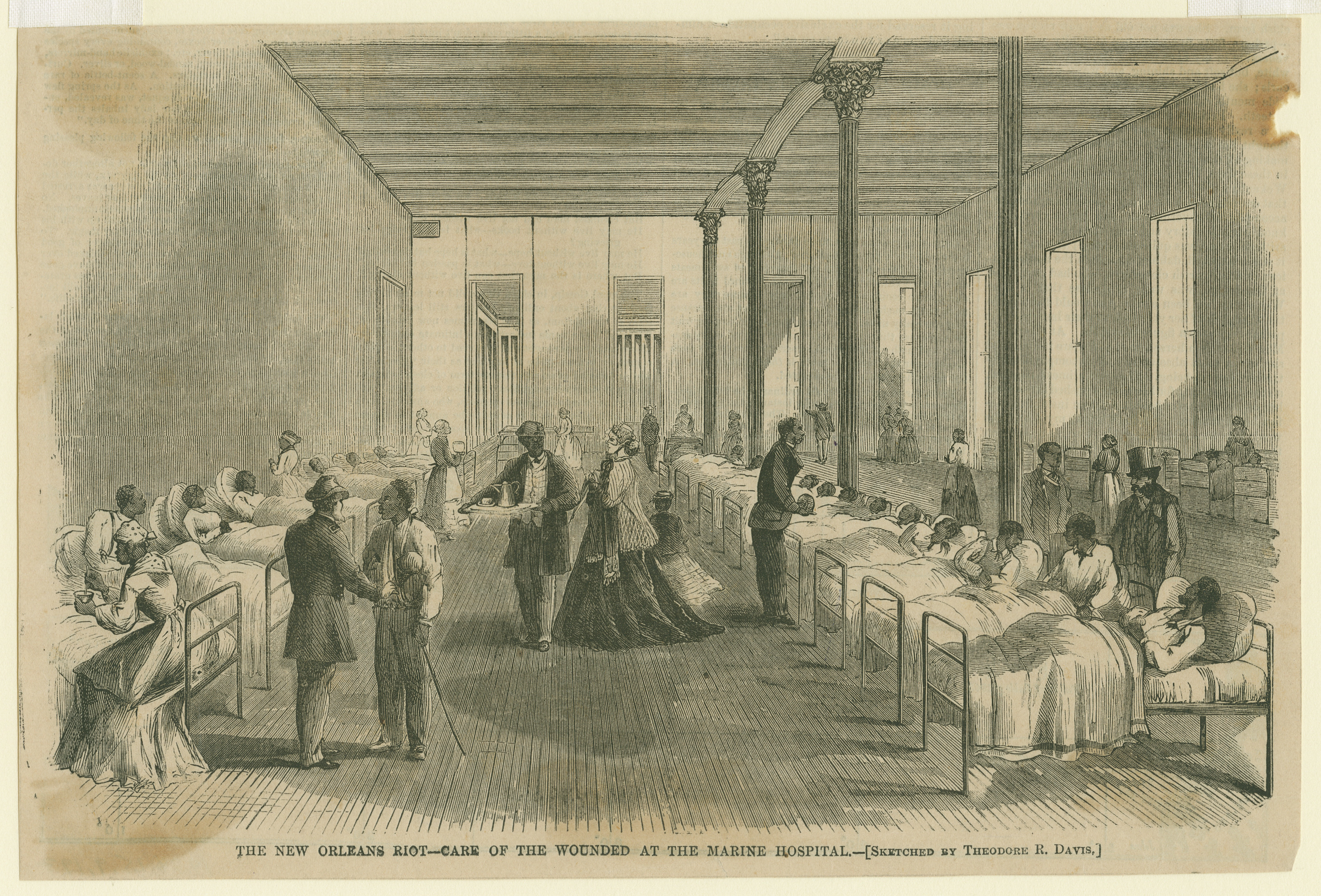 Illustration of a hospital ward with patients lying in beds along the walls. Medical staff and visitors attend to the wounded. The room features tall ceilings, columns, and large windows, creating a bright atmosphere.