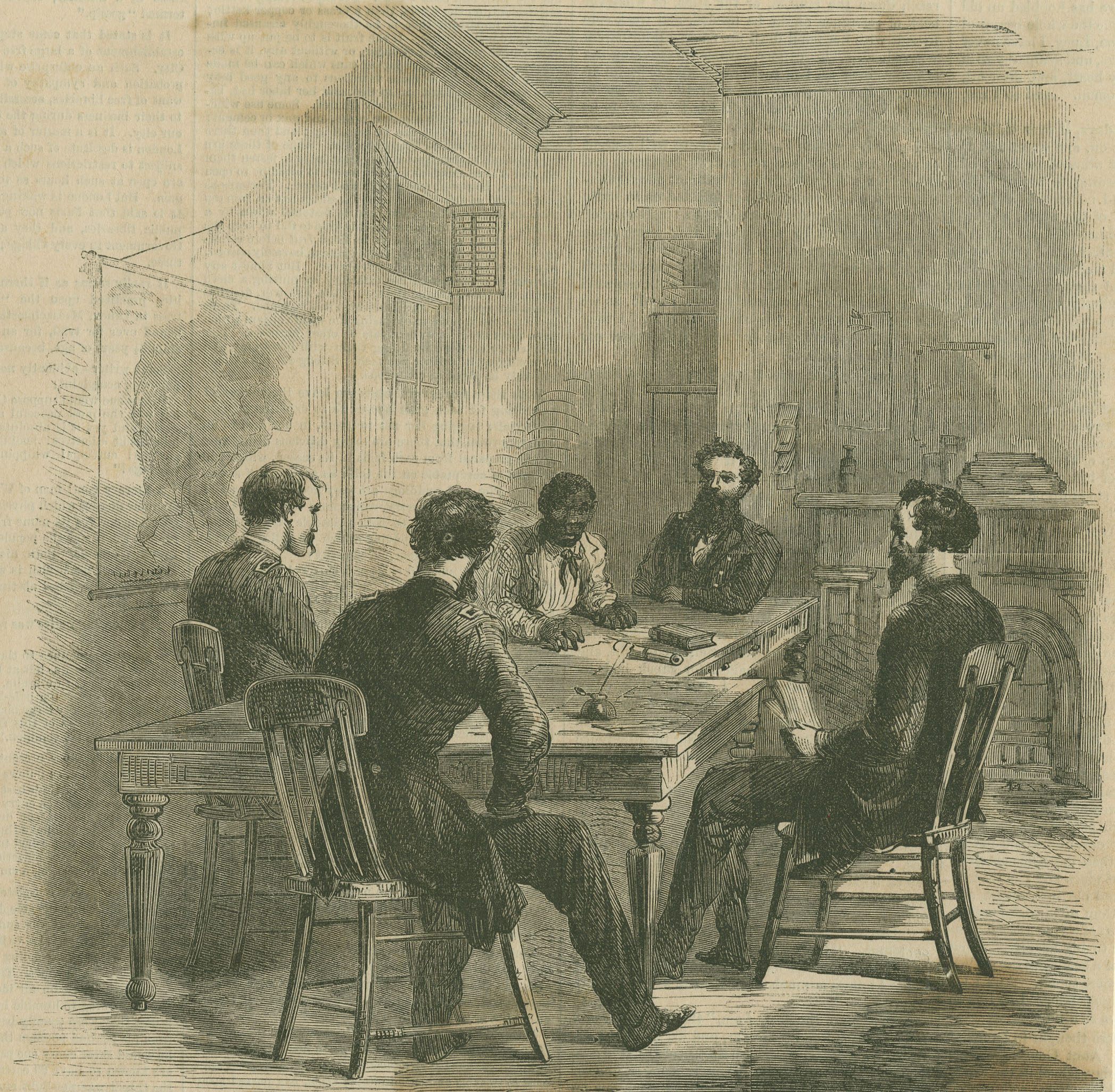 An illustrated scene shows five men seated around a table in a dimly lit room. One man is writing while others observe. The room features a map on the wall, a bookshelf, and a fireplace, suggesting a historical or formal setting.