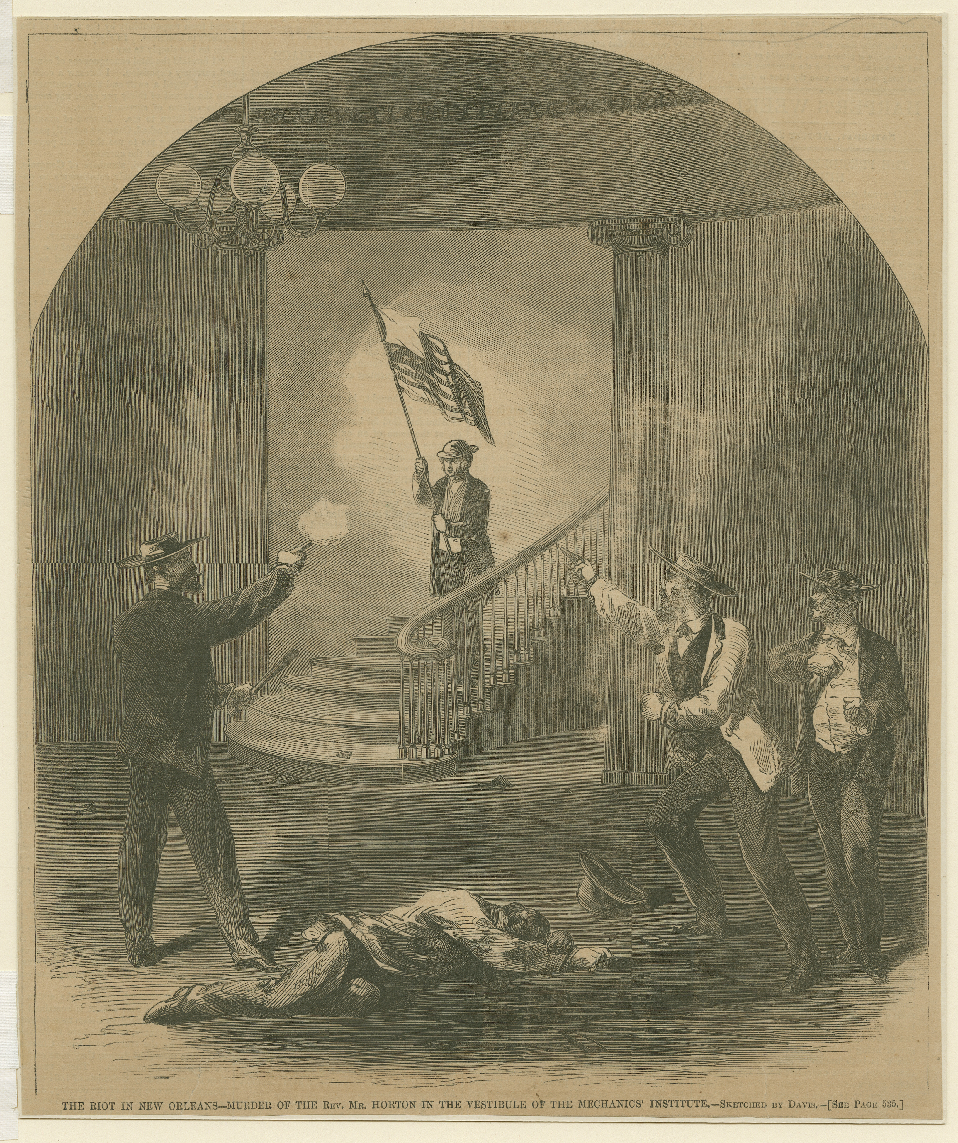 An illustration of a chaotic scene featuring a man holding a flag on a staircase, two men in the foreground—one aiming a gun, the other gesturing aggressively—and a figure lying on the ground. The setting is indoors with an ornate staircase.