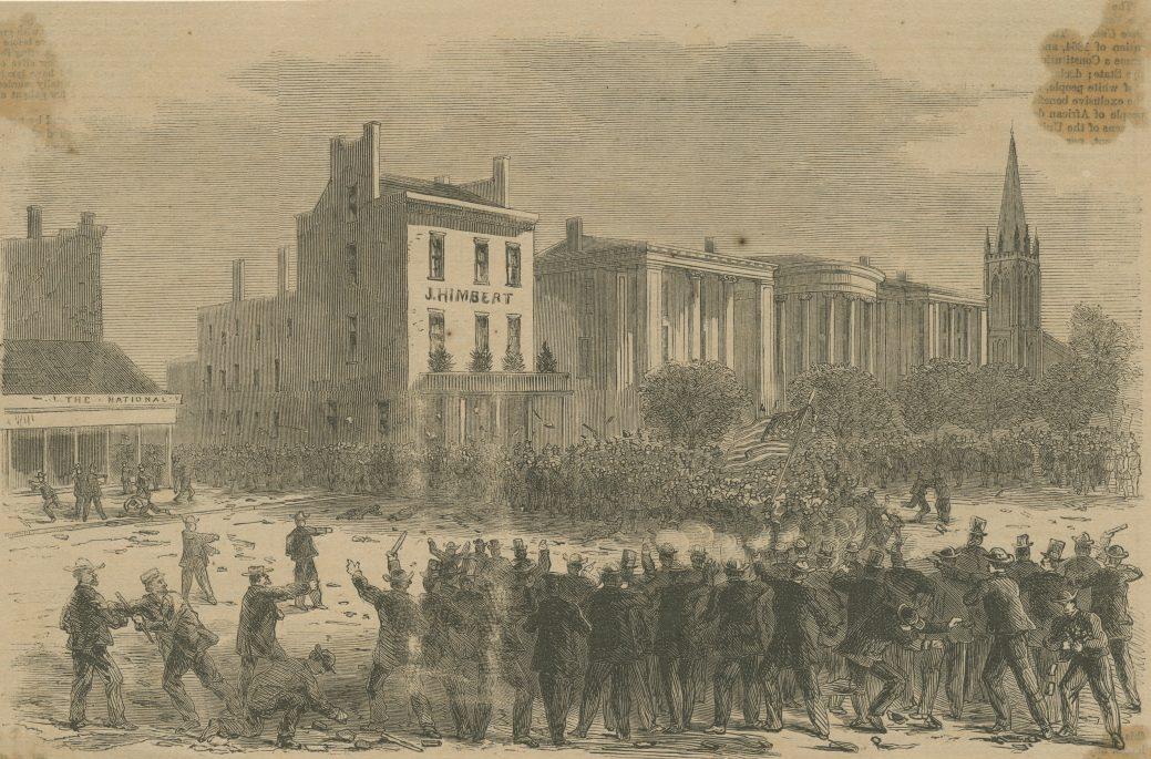 A historical drawing depicts a chaotic street scene with a large crowd in front of a building labeled J. Himbert. People appear to be protesting, and a columned building and a church spire are visible in the background.