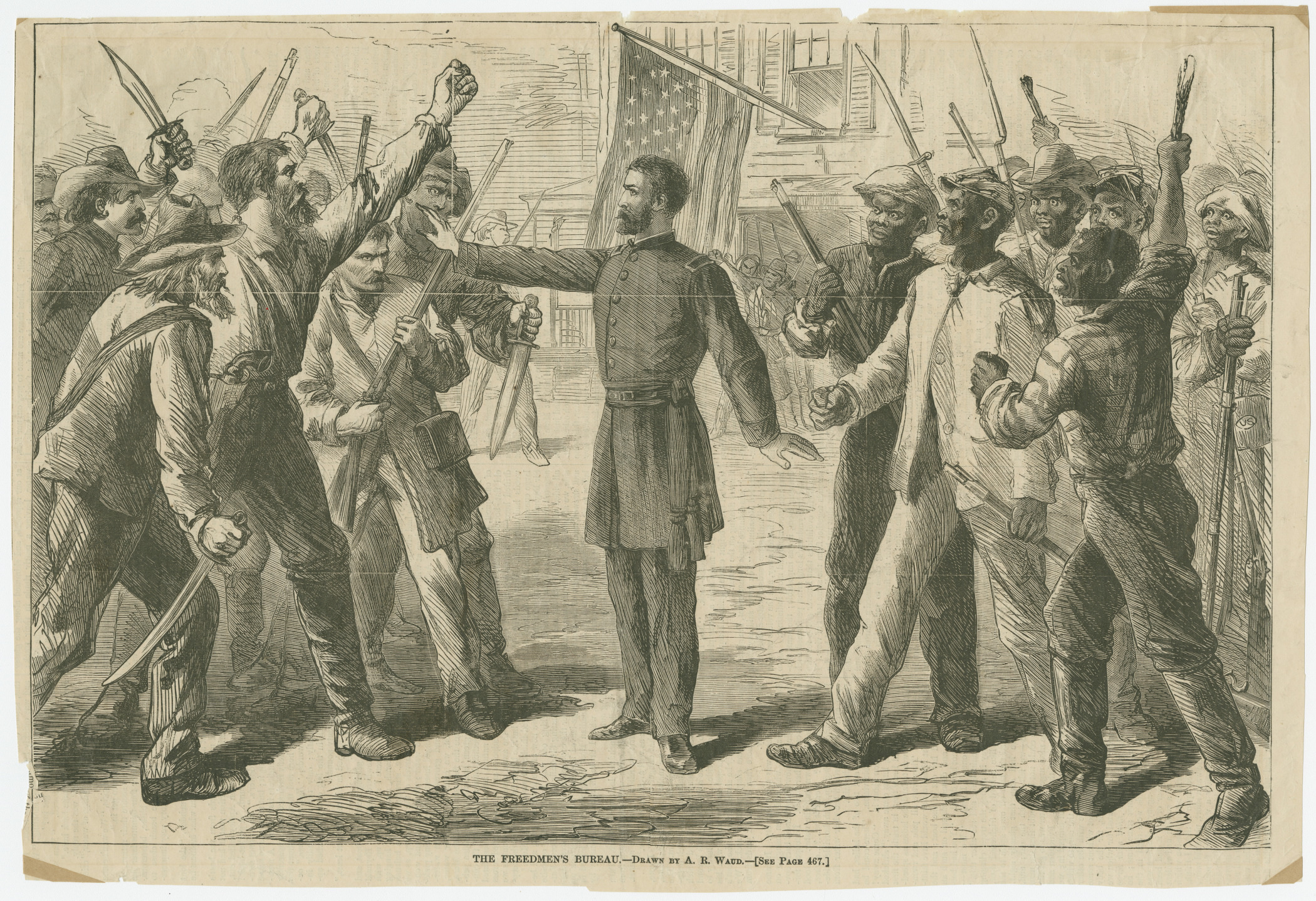 A historical illustration shows a man in uniform standing between two groups of people, some holding weapons. An American flag is visible in the background. The scene appears tense, with emotions running high.