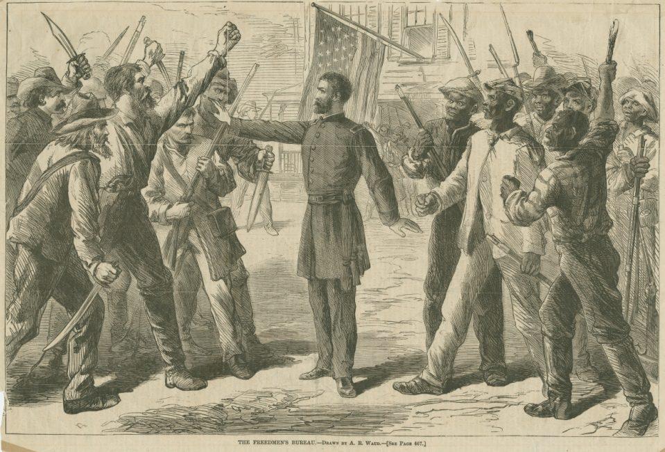 A historical illustration of a man in military uniform standing between two groups of men, raising his hands to prevent them from fighting. An American flag is visible in the background, emphasizing a tense scene of conflict and negotiation.